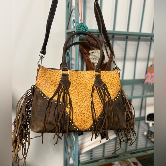 New Orange Western Genuine Ostrich Embossed Leather Rustic bag fringe crossbody - Picture 3 of 14